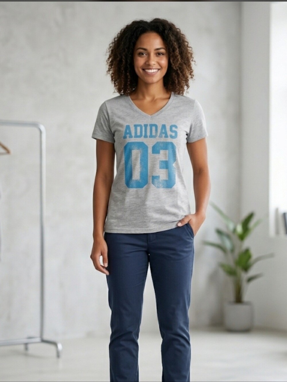 Adidas Ladies Gray V‑Neck Tee with Blue Logo